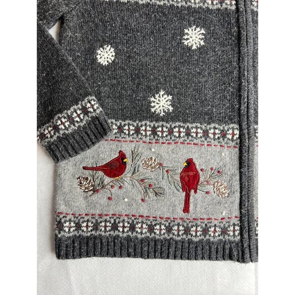 Cardinal & Snowflake Embroidered Zip-Up Ramie Wool Blend Womens large sweater - Picture 3 of 8